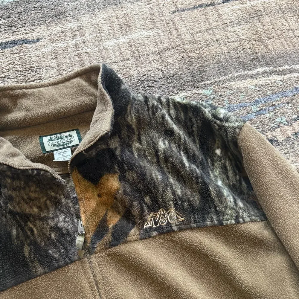 Men's Lewis & Clark Outdoors Brown Camouflage Camo Fleece Zip Up Jacket Sz XL